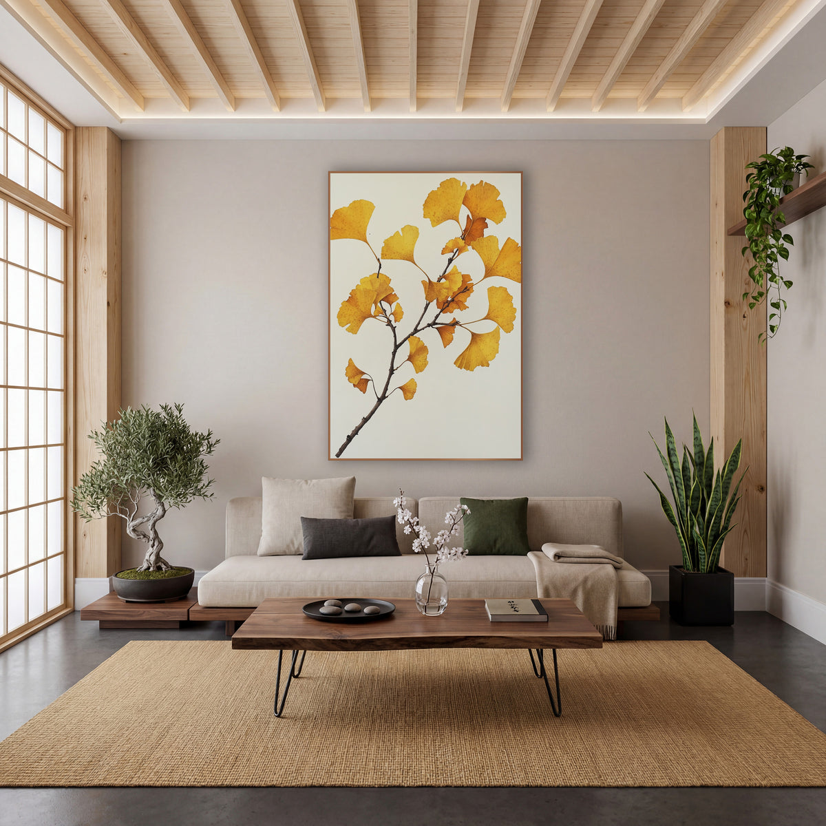 Ginkgo Clean Ivory Spray wall art in a calm Japandi-style room – ginkgo branch with golden yellow and amber fan-shaped