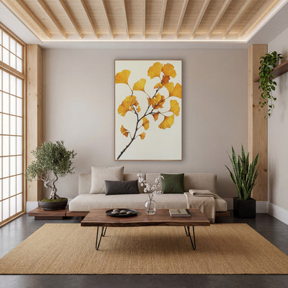 Ginkgo Clean Ivory Spray wall art in a calm Japandi-style room – ginkgo branch with golden yellow and amber fan-shaped