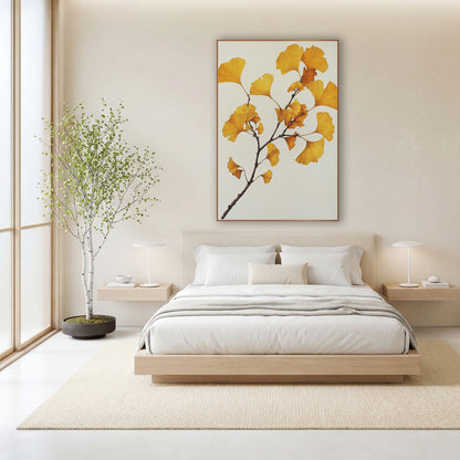 Ginkgo Clean Ivory Spray wall art in a calm Japandi-style room – ginkgo branch with golden yellow and amber fan-shaped
