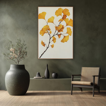 Ginkgo Clean Ivory Spray wall art in a calm Japandi-style room – ginkgo branch with golden yellow and amber fan-shaped