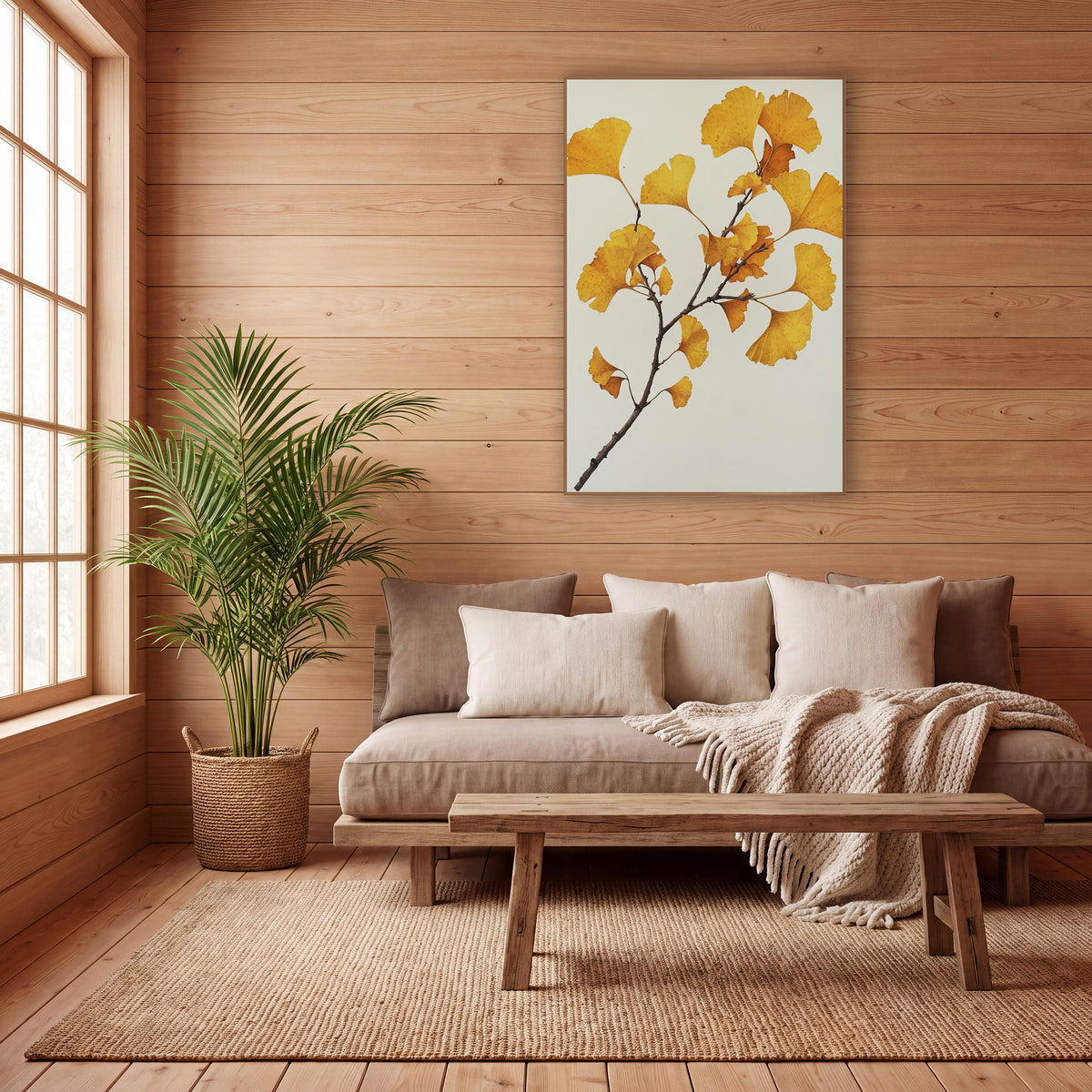 Ginkgo Clean Ivory Spray wall art in a calm Japandi-style room – ginkgo branch with golden yellow and amber fan-shaped