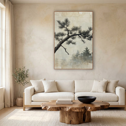 Gnarled Pine Branch Sumi-e Japandi wall art in a calm Japandi-style room – dark gnarled pine branch with feathery