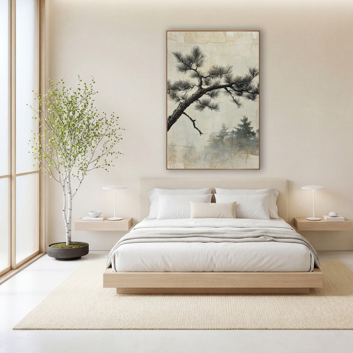 Gnarled Pine Branch Sumi-e Japandi wall art in a calm Japandi-style room – dark gnarled pine branch with feathery