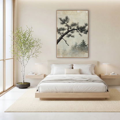 Gnarled Pine Branch Sumi-e Japandi wall art in a calm Japandi-style room – dark gnarled pine branch with feathery