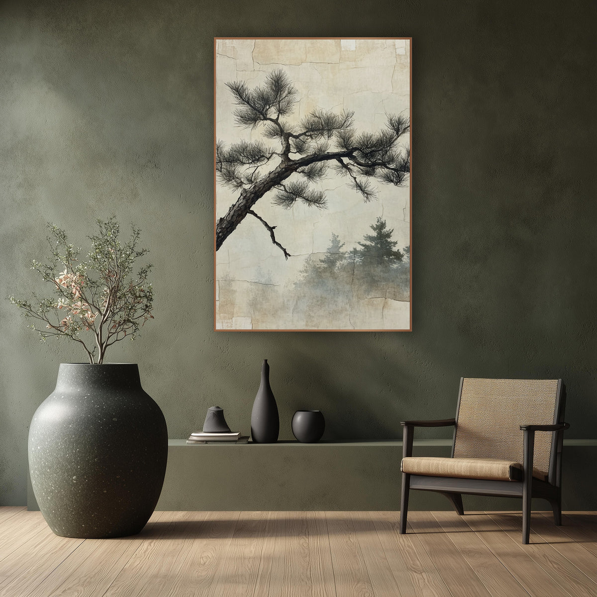 Gnarled Pine Branch Sumi-e Japandi wall art in a calm Japandi-style room – dark gnarled pine branch with feathery