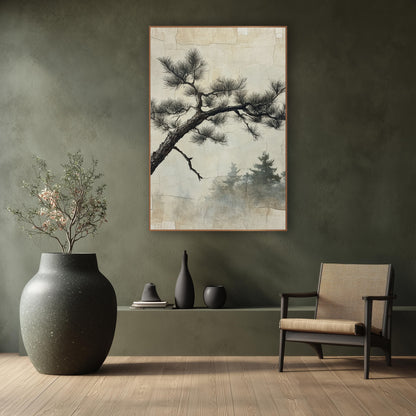 Gnarled Pine Branch Sumi-e Japandi wall art in a calm Japandi-style room – dark gnarled pine branch with feathery