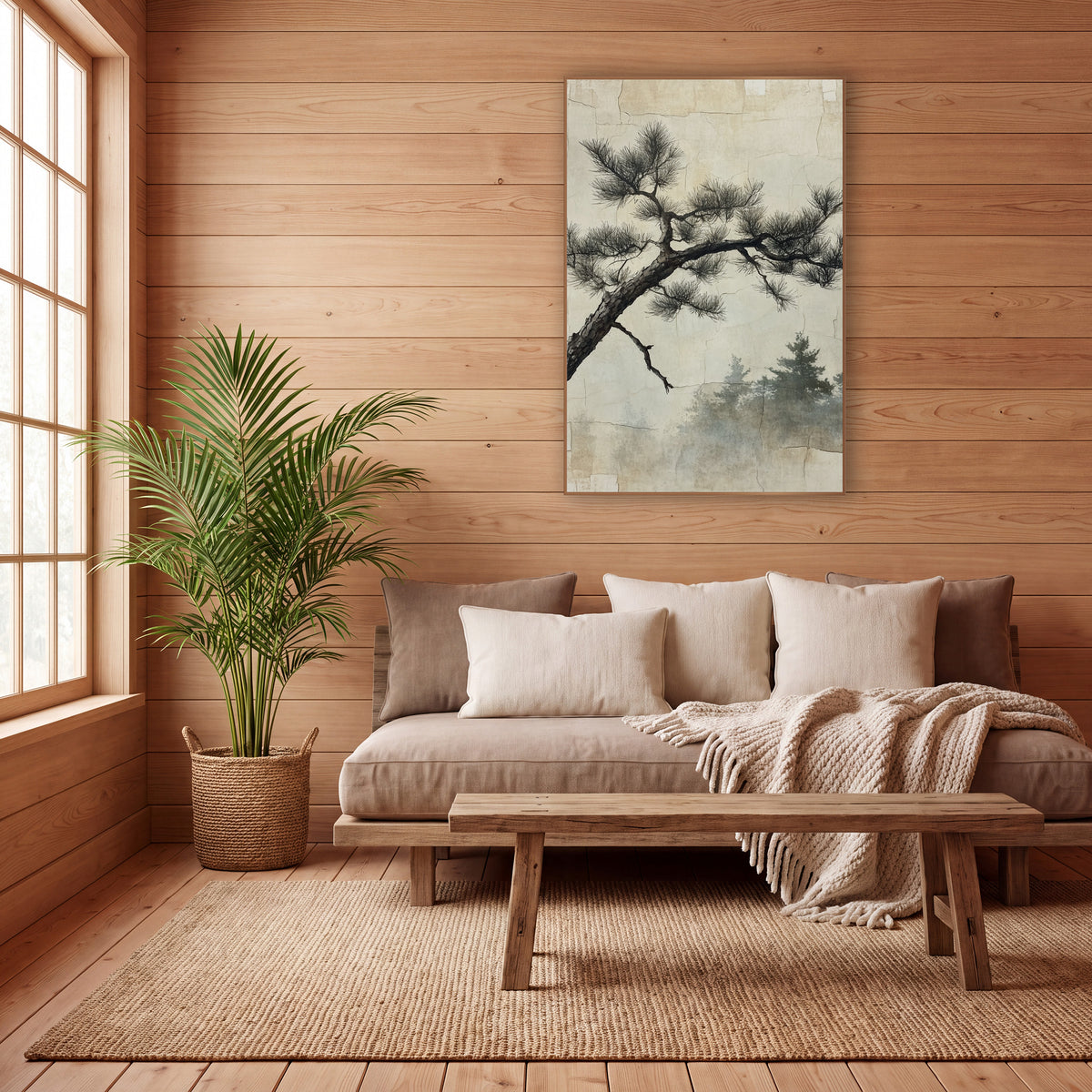 Gnarled Pine Branch Sumi-e Japandi wall art in a calm Japandi-style room – dark gnarled pine branch with feathery