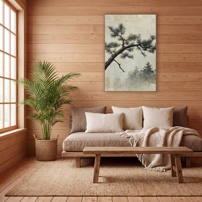 Gnarled Pine Branch Sumi-e Japandi wall art in a calm Japandi-style room – dark gnarled pine branch with feathery