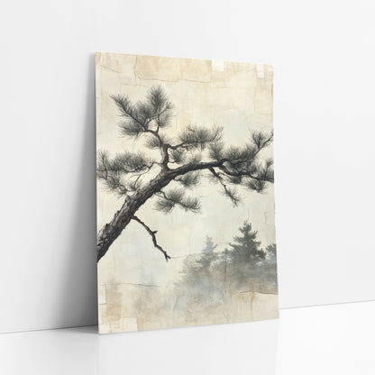 Gnarled Pine Branch Sumi-e Japandi art print leaning against a white wall – dark gnarled pine branch with feathery needles