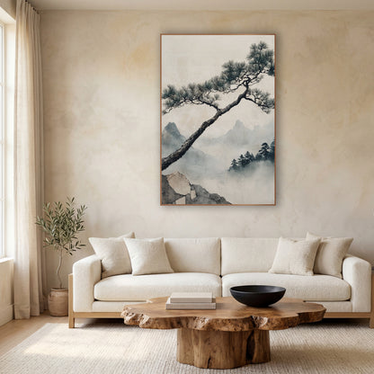 Leaning Pine Misty Mountain Japandi wall art in a calm Japandi-style room – leaning pine tree with needle clusters