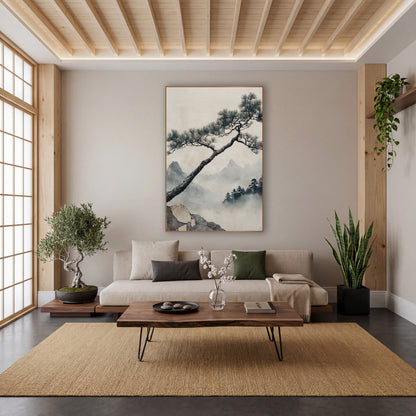 Leaning Pine Misty Mountain Japandi wall art in a calm Japandi-style room – leaning pine tree with needle clusters