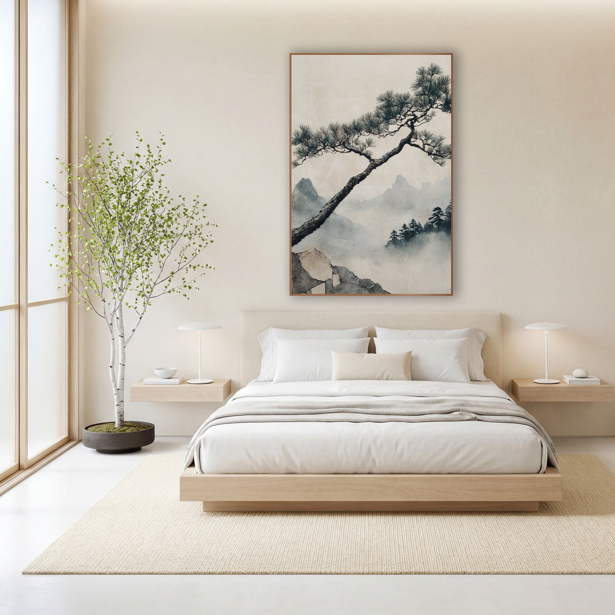 Leaning Pine Misty Mountain Japandi wall art in a calm Japandi-style room – leaning pine tree with needle clusters
