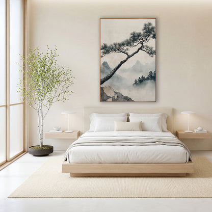 Leaning Pine Misty Mountain Japandi wall art in a calm Japandi-style room – leaning pine tree with needle clusters