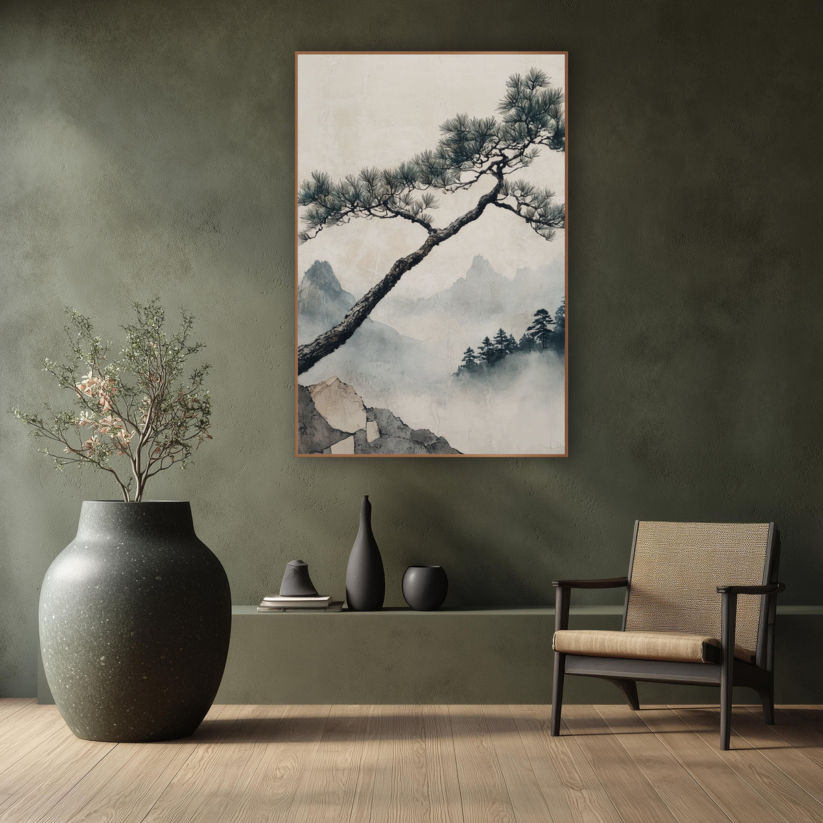 Leaning Pine Misty Mountain Japandi wall art in a calm Japandi-style room – leaning pine tree with needle clusters