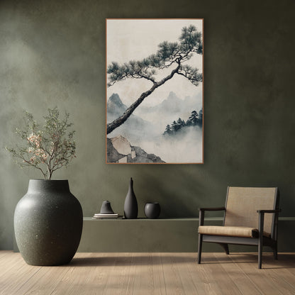 Leaning Pine Misty Mountain Japandi wall art in a calm Japandi-style room – leaning pine tree with needle clusters