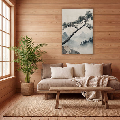 Leaning Pine Misty Mountain Japandi wall art in a calm Japandi-style room – leaning pine tree with needle clusters