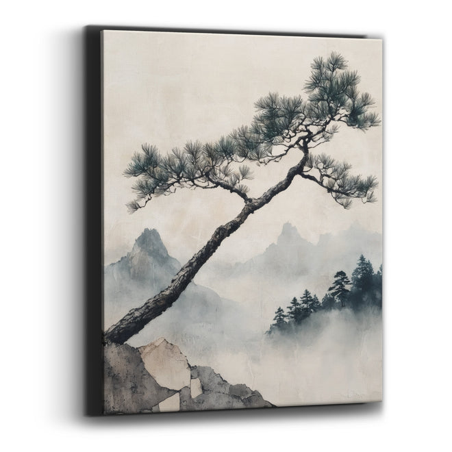 Leaning Pine Misty Mountain Japandi Canvas Wall Art