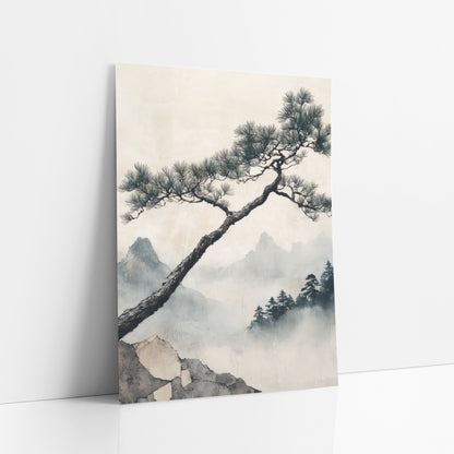 Leaning Pine Misty Mountain Japandi art print leaning against a white wall – leaning pine tree with needle clusters above