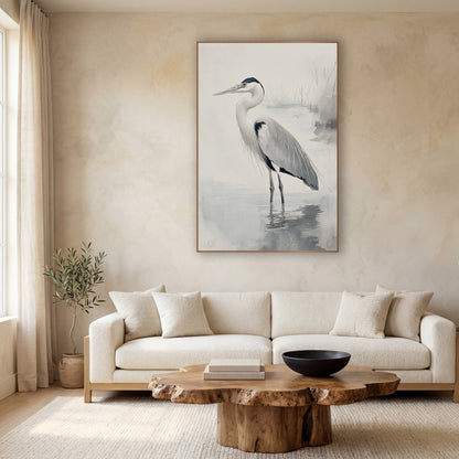Gray Heron Misty Water Japandi wall art in a calm Japandi-style room – gray heron standing in shallow misty water