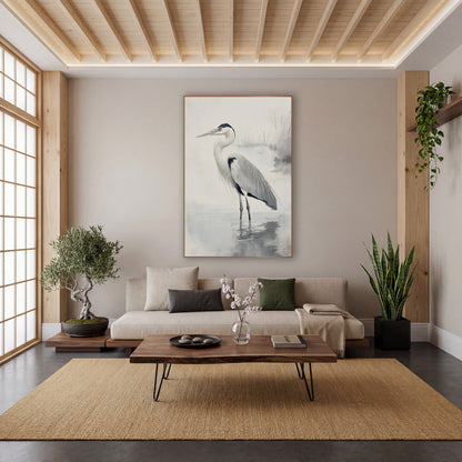 Gray Heron Misty Water Japandi wall art in a calm Japandi-style room – gray heron standing in shallow misty water