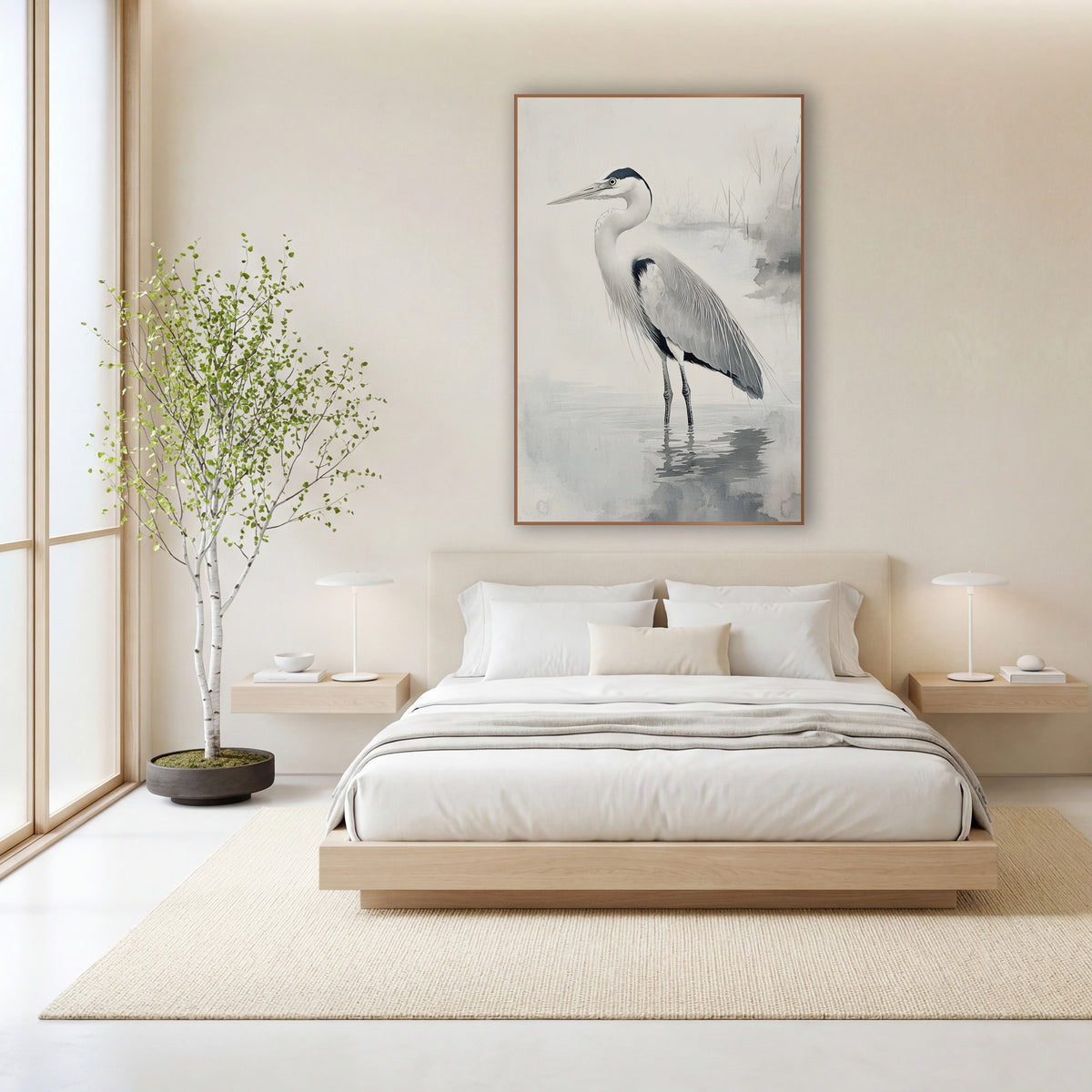 Gray Heron Misty Water Japandi wall art in a calm Japandi-style room – gray heron standing in shallow misty water