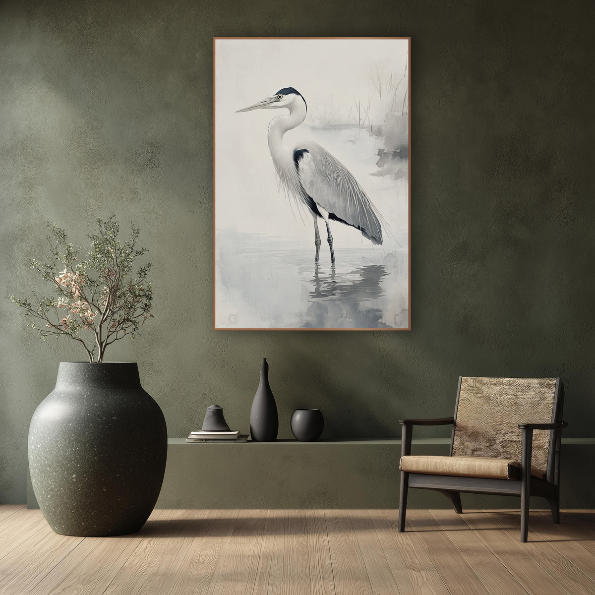 Gray Heron Misty Water Japandi wall art in a calm Japandi-style room – gray heron standing in shallow misty water
