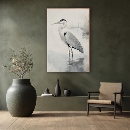 Gray Heron Misty Water Japandi wall art in a calm Japandi-style room – gray heron standing in shallow misty water