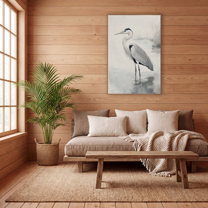 Gray Heron Misty Water Japandi wall art in a calm Japandi-style room – gray heron standing in shallow misty water