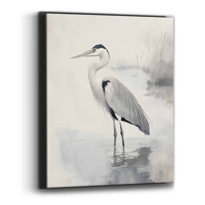 Gray Heron Misty Water Japandi Canvas Wall Art