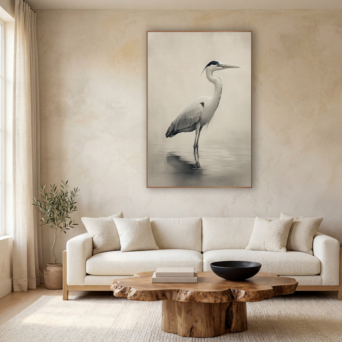 Grey Heron Misty Japandi wall art in a calm Japandi-style room – grey heron standing in shallow water with a soft