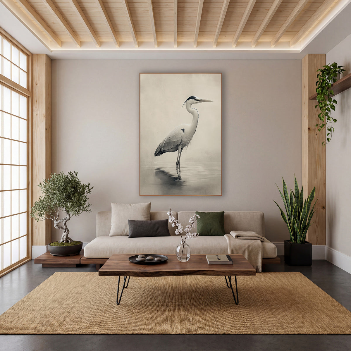 Grey Heron Misty Japandi wall art in a calm Japandi-style room – grey heron standing in shallow water with a soft