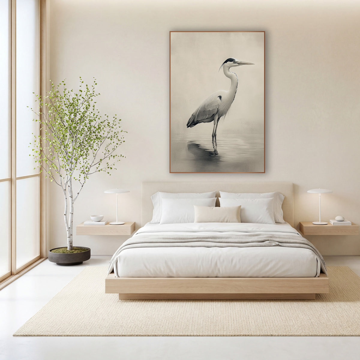 Grey Heron Misty Japandi wall art in a calm Japandi-style room – grey heron standing in shallow water with a soft