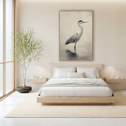 Grey Heron Misty Japandi wall art in a calm Japandi-style room – grey heron standing in shallow water with a soft