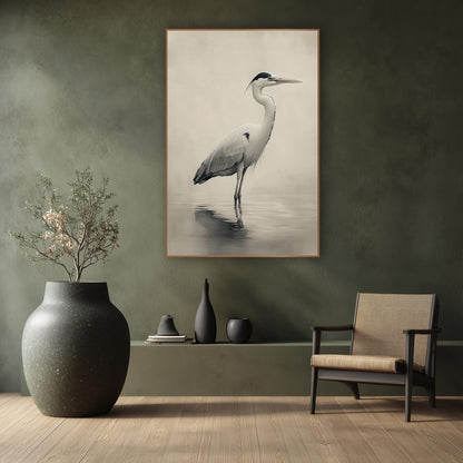 Grey Heron Misty Japandi wall art in a calm Japandi-style room – grey heron standing in shallow water with a soft