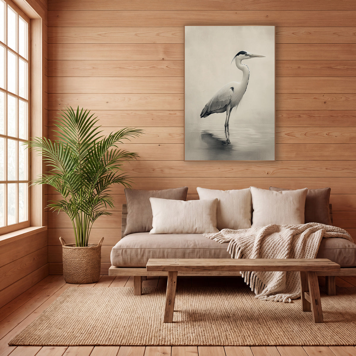 Grey Heron Misty Japandi wall art in a calm Japandi-style room – grey heron standing in shallow water with a soft