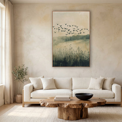 Flock of Birds Meadow Japandi wall art in a calm Japandi-style room – flock of dark birds flying over a misty meadow