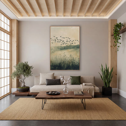 Flock of Birds Meadow Japandi wall art in a calm Japandi-style room – flock of dark birds flying over a misty meadow