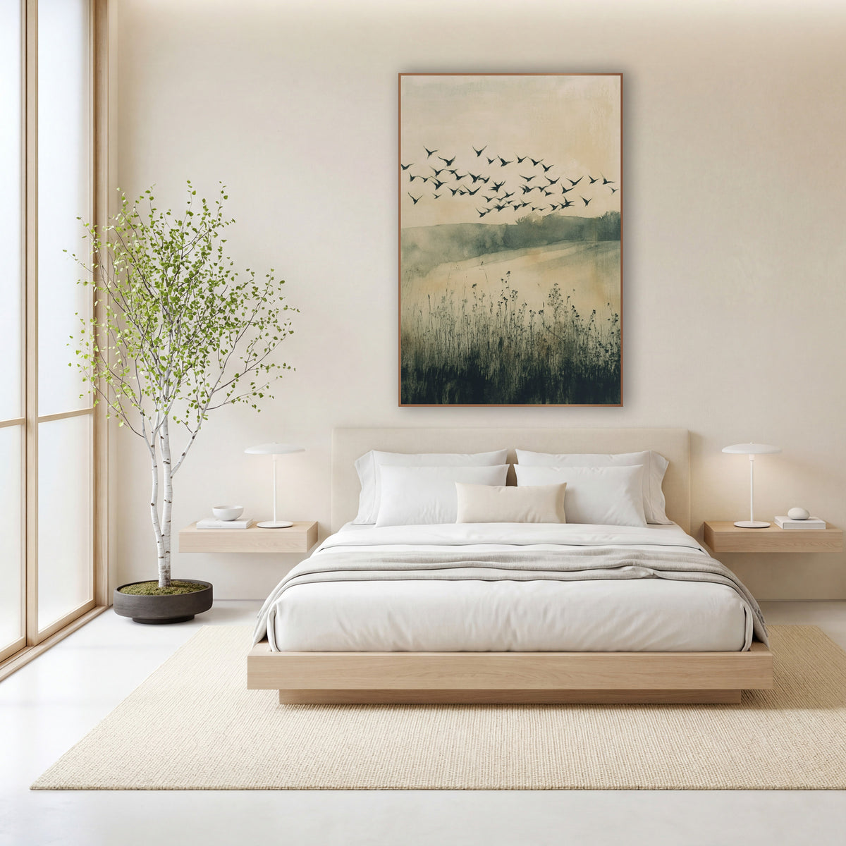 Flock of Birds Meadow Japandi wall art in a calm Japandi-style room – flock of dark birds flying over a misty meadow