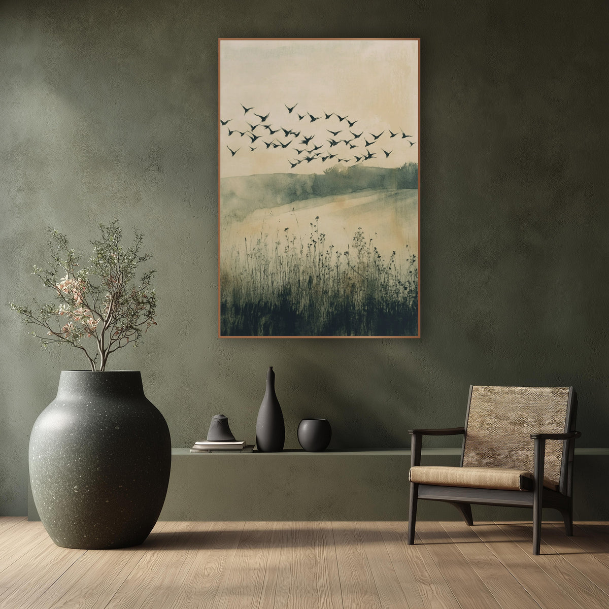 Flock of Birds Meadow Japandi wall art in a calm Japandi-style room – flock of dark birds flying over a misty meadow