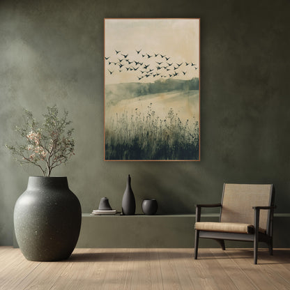 Flock of Birds Meadow Japandi wall art in a calm Japandi-style room – flock of dark birds flying over a misty meadow