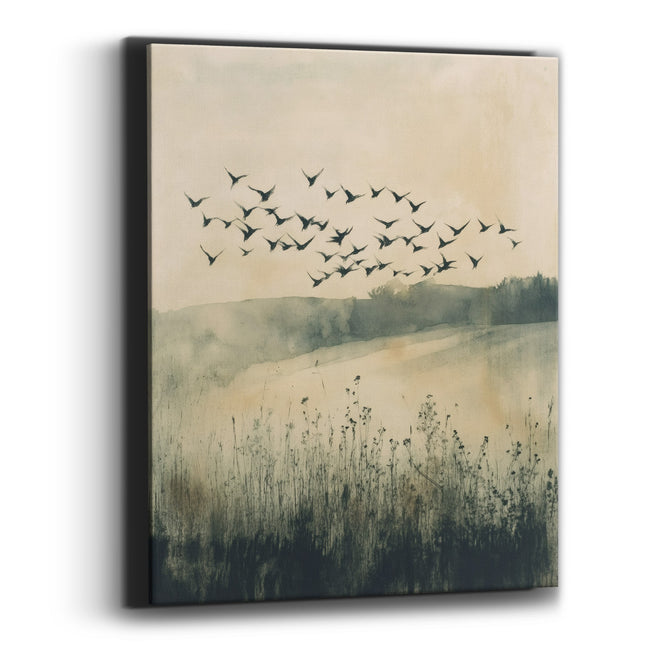 Flock of Birds Meadow Japandi Canvas Wall Art