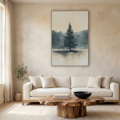 Misty Lone Evergreen Japandi Landscape wall art in a calm Japandi-style room – lone evergreen tree in slate blue