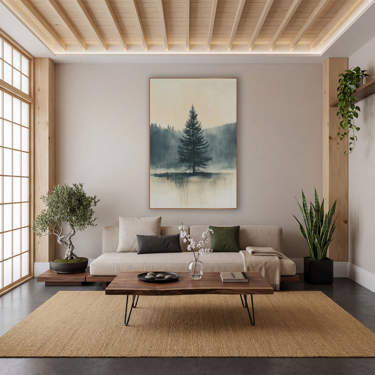 Misty Lone Evergreen Japandi Landscape wall art in a calm Japandi-style room – lone evergreen tree in slate blue