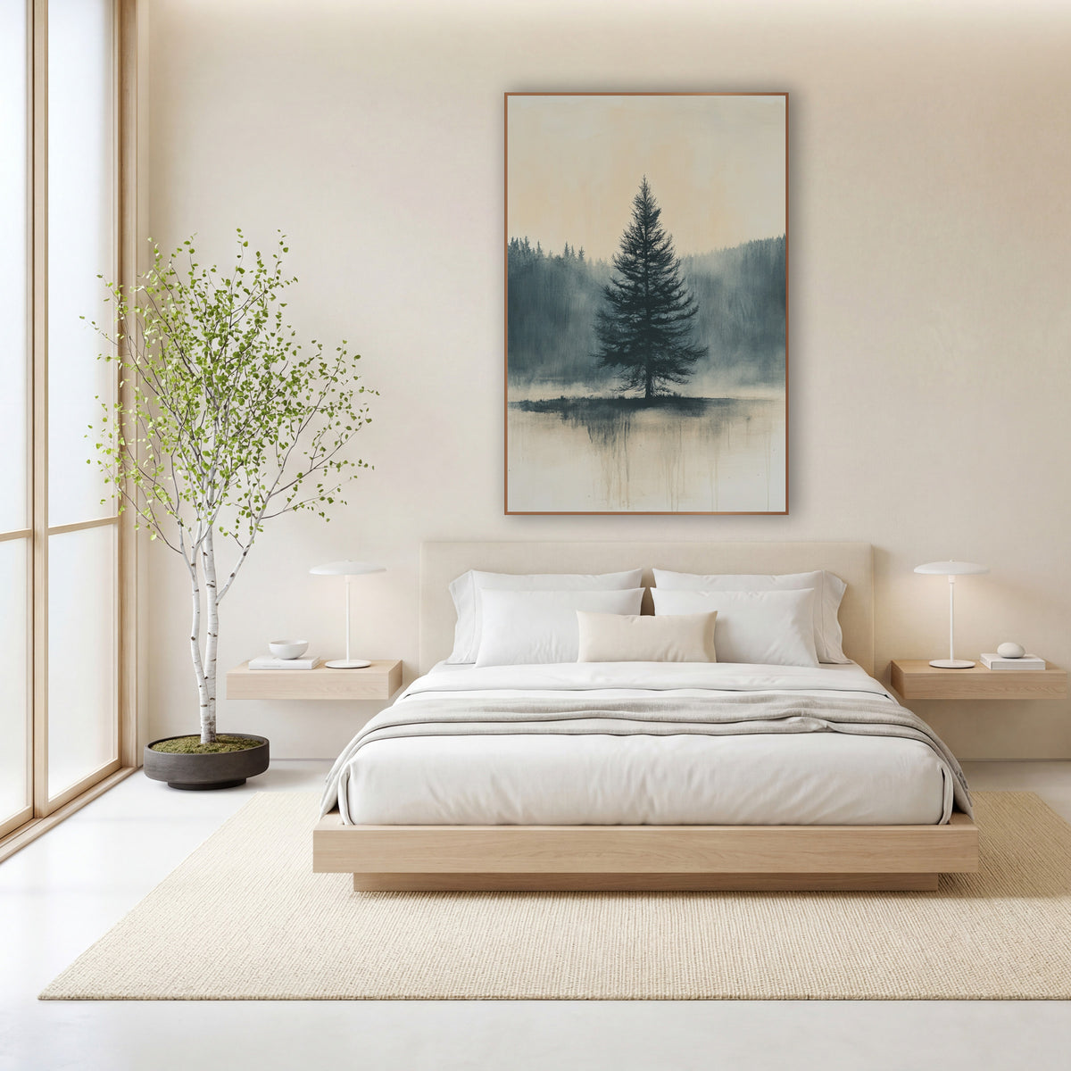 Misty Lone Evergreen Japandi Landscape wall art in a calm Japandi-style room – lone evergreen tree in slate blue