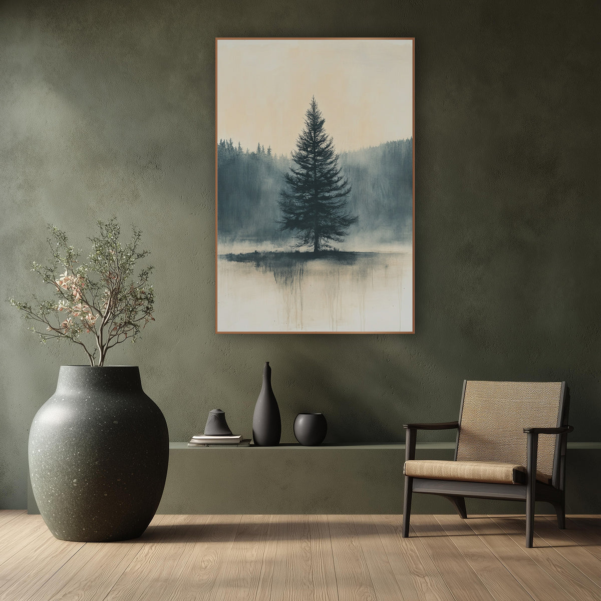 Misty Lone Evergreen Japandi Landscape wall art in a calm Japandi-style room – lone evergreen tree in slate blue