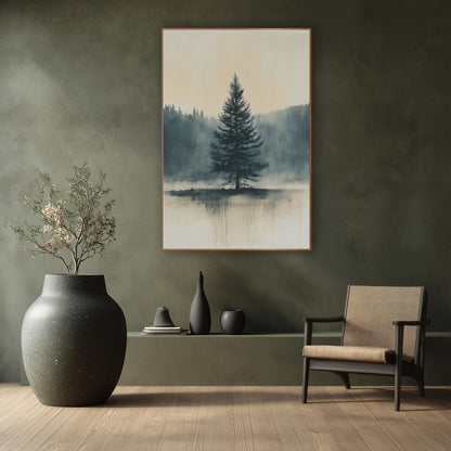 Misty Lone Evergreen Japandi Landscape wall art in a calm Japandi-style room – lone evergreen tree in slate blue