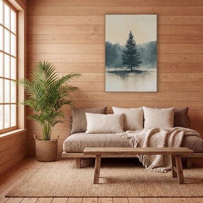 Misty Lone Evergreen Japandi Landscape wall art in a calm Japandi-style room – lone evergreen tree in slate blue