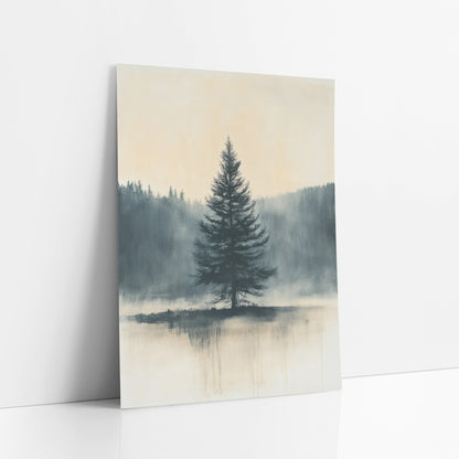 Misty Lone Evergreen Japandi Landscape art print leaning against a white wall – lone evergreen tree in slate blue on a small