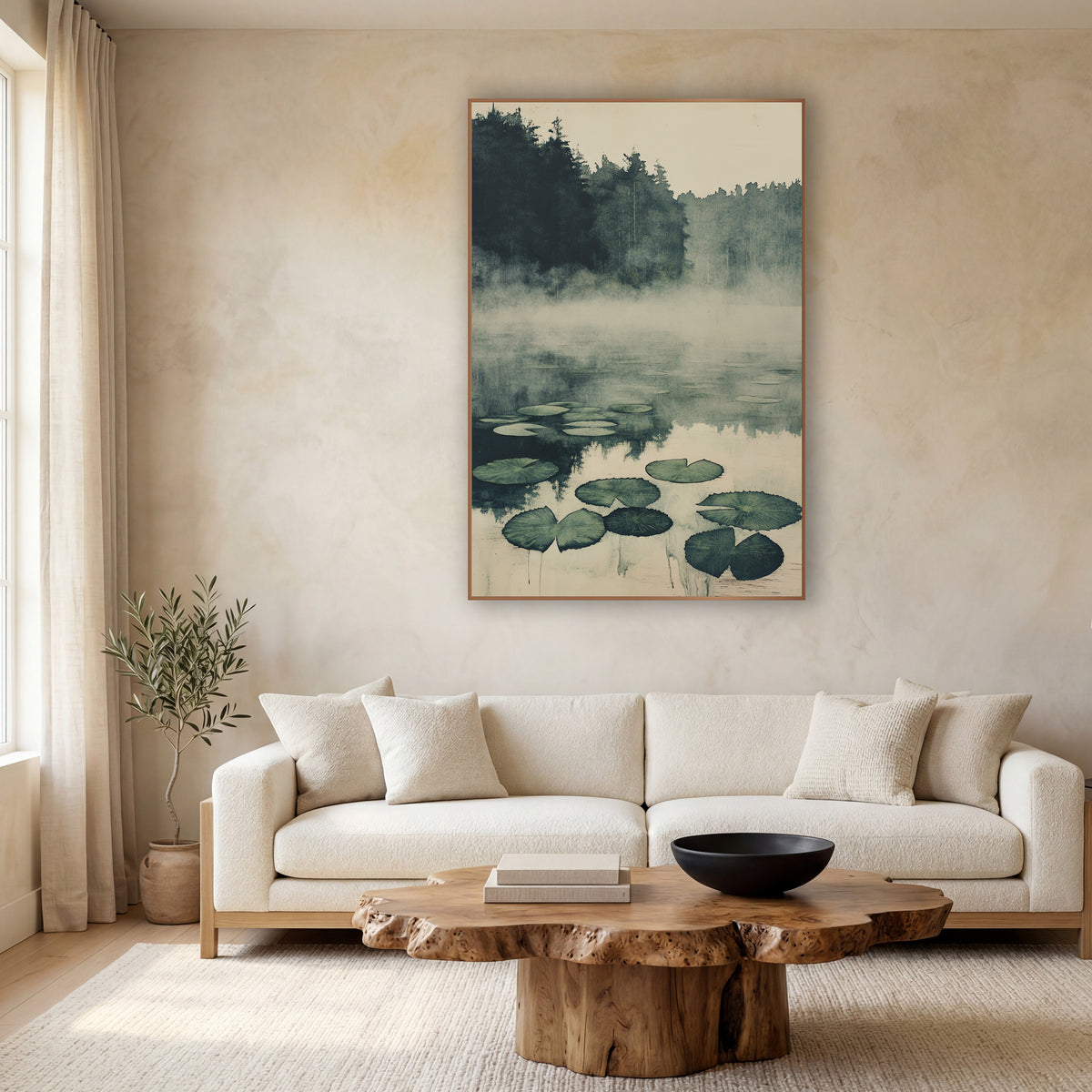 Pine Shore Lily Pads Japandi wall art in a calm Japandi-style room – misty pond with floating green lily pads, dark