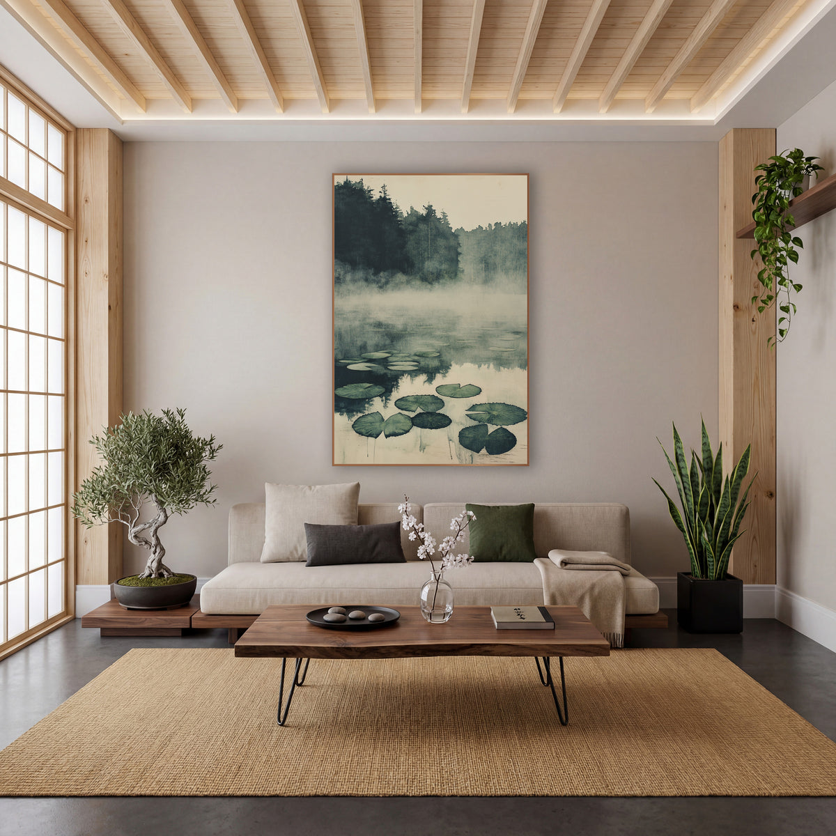 Pine Shore Lily Pads Japandi wall art in a calm Japandi-style room – misty pond with floating green lily pads, dark